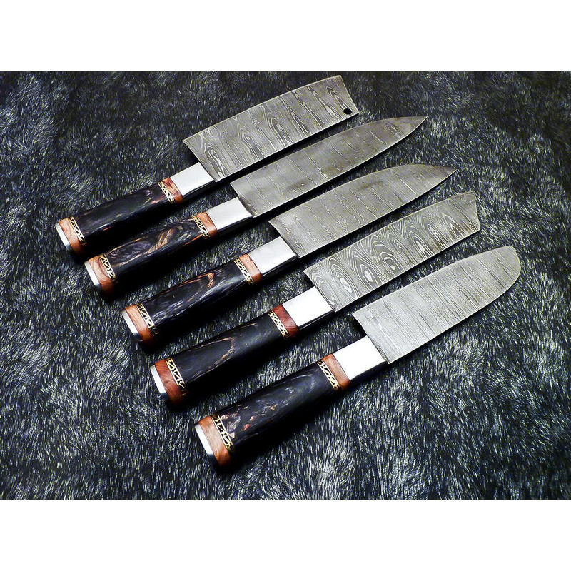 Custom Damascus Steel Chef Knife Set Handmade Wood Handle 1