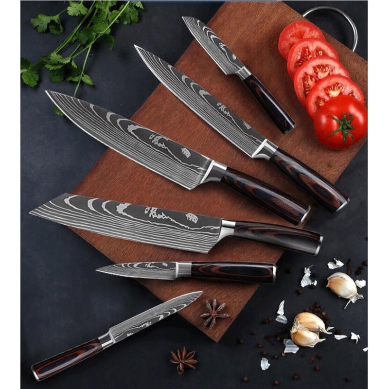 Wood 6PCS Japanese Style Kitchen Damascus Pattern Chef Knives Set 1