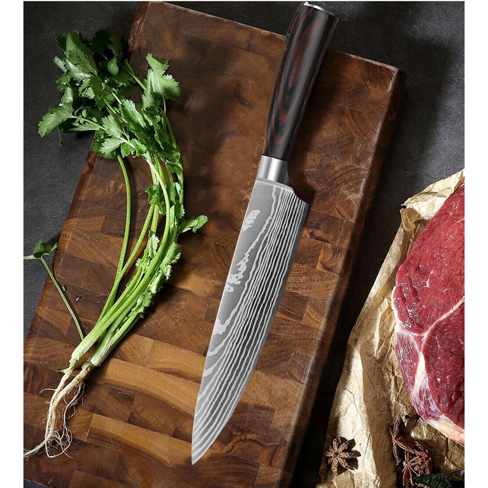 Wood 6PCS Japanese Style Kitchen Damascus Pattern Chef Knives Set 2