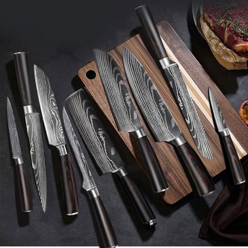 Wood 6PCS Japanese Style Kitchen Damascus Pattern Chef Knives Set 3