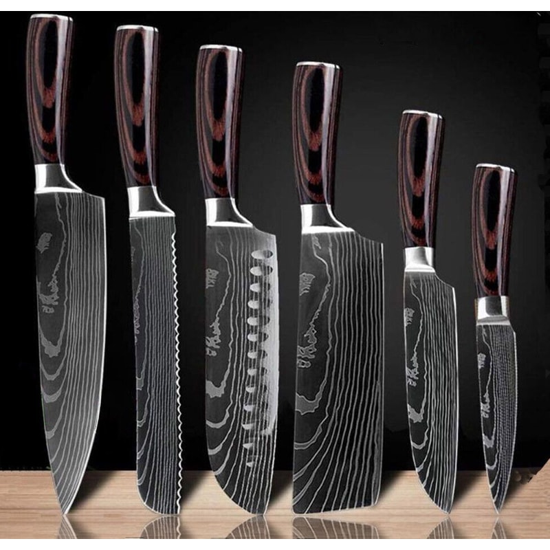 Wood 6PCS Japanese Style Kitchen Damascus Pattern Chef Knives Set 0