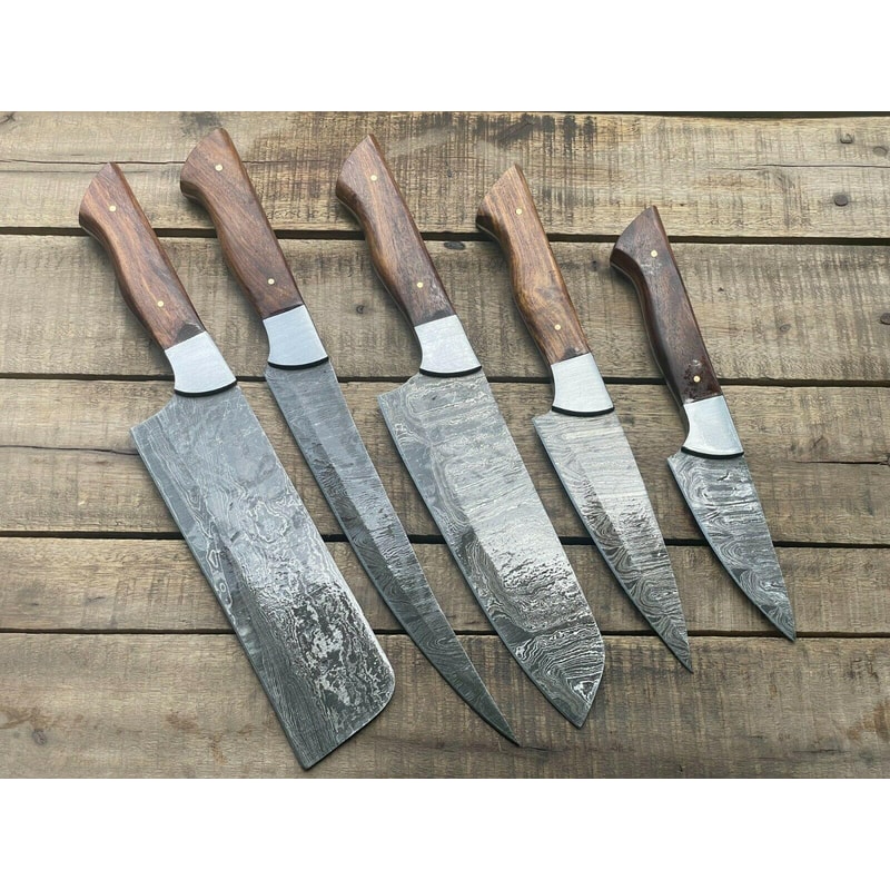 Handmade Damascus Steel 5Piece Chef Knife Set With Wood Handle Professional Kitchen Knives 2