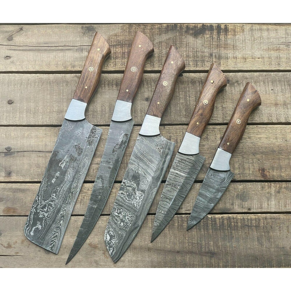 Handmade Damascus Steel 5Piece Chef Knife Set With Wood Handle Professional Kitchen Knives 0
