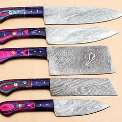 damascus steel 5 pcs sharp edge chef knife set with roll bag
