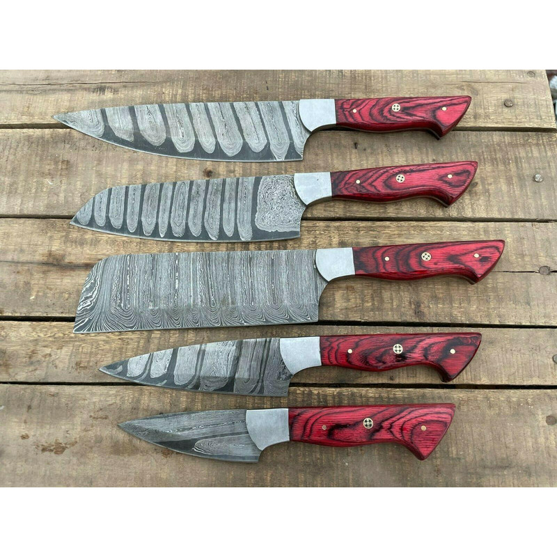 5Piece Handmade Damascus Steel Chef Knife Set Kitchen Knives With Wood Handles 2