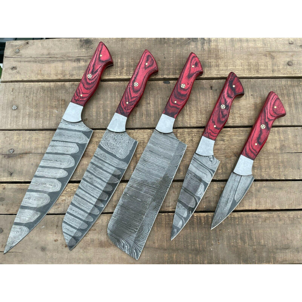 5Piece Handmade Damascus Steel Chef Knife Set Kitchen Knives With Wood Handles 0