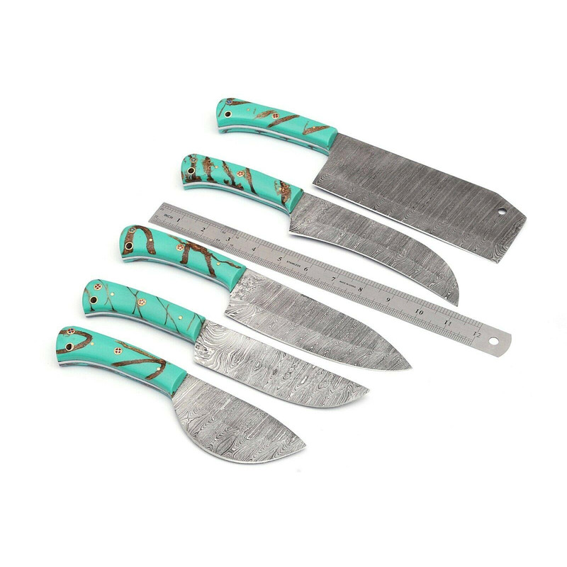 5Piece Hand Forged Damascus Steel Chef Knife Set Kitchen Knives With Resin Handle 0
