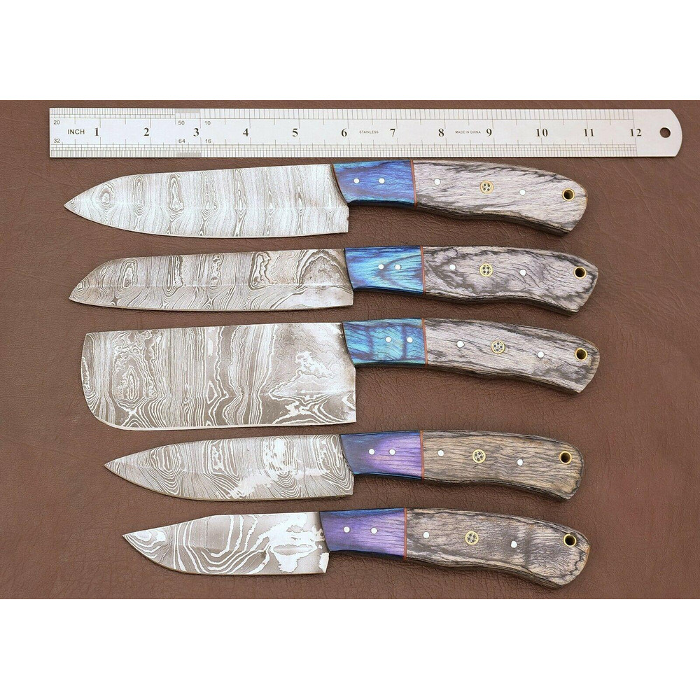 5Piece Handmade Damascus Steel Chef Knife Set Kitchen Knives With Pakka Wood 1