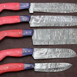 handmade damascus kitchen knife set | 5-piece chef knives with pakka wood