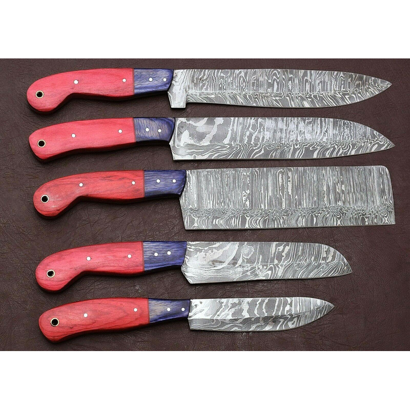 Handmade Damascus Kitchen Knife Set 5Piece Chef Knives With Pakka Wood 0