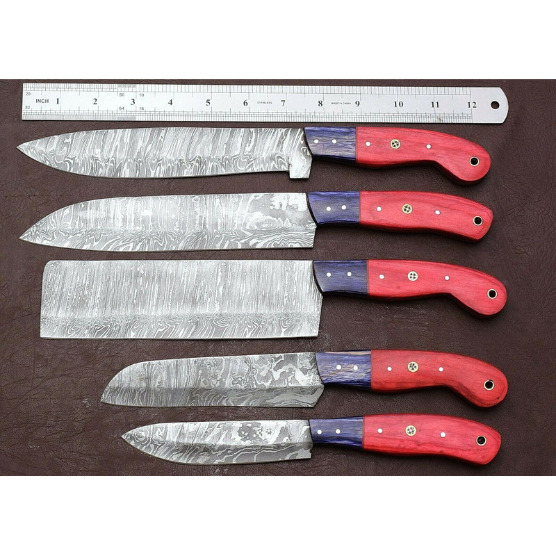 Handmade Damascus Kitchen Knife Set 5Piece Chef Knives With Pakka Wood 1