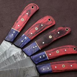 damascus kitchen knife set | 5-piece chef knives with pakka wood