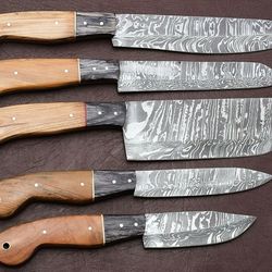 damascus steel chef knife set | 5-piece kitchen knives with pakka wood handmade