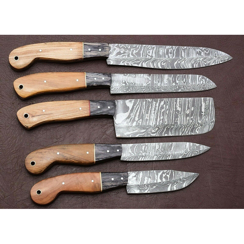 Damascus Steel Chef Knife Set 5Piece Kitchen Knives With Pakka Wood Handmade 0