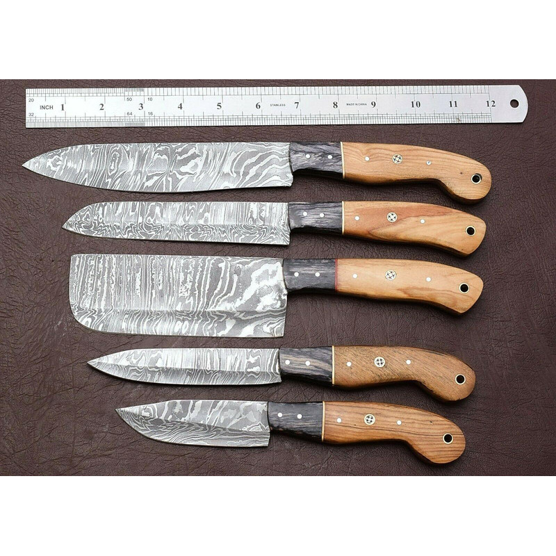 Damascus Steel Chef Knife Set 5Piece Kitchen Knives With Pakka Wood Handmade 1