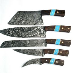 custom handmade damascus steel chef knife set | 5-piece turquoise & wood handle