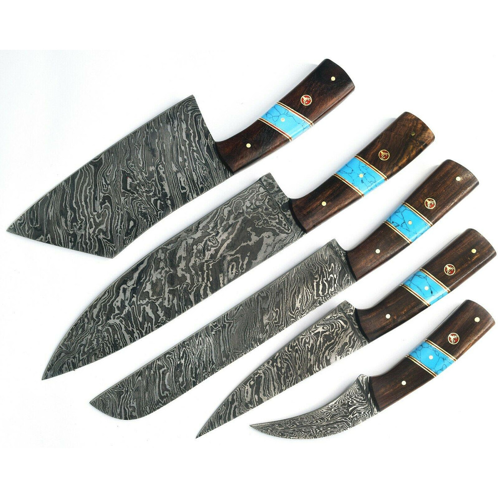 Custom Handmade Damascus Steel Chef Knife Set 5Piece Turquoise Wood Handle 1