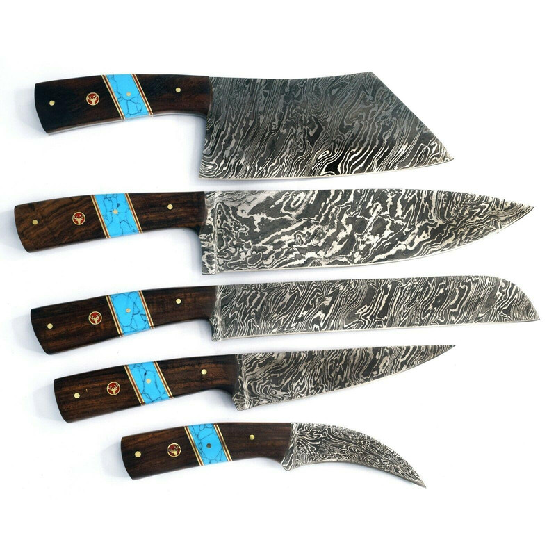 Custom Handmade Damascus Steel Chef Knife Set 5Piece Turquoise Wood Handle 2