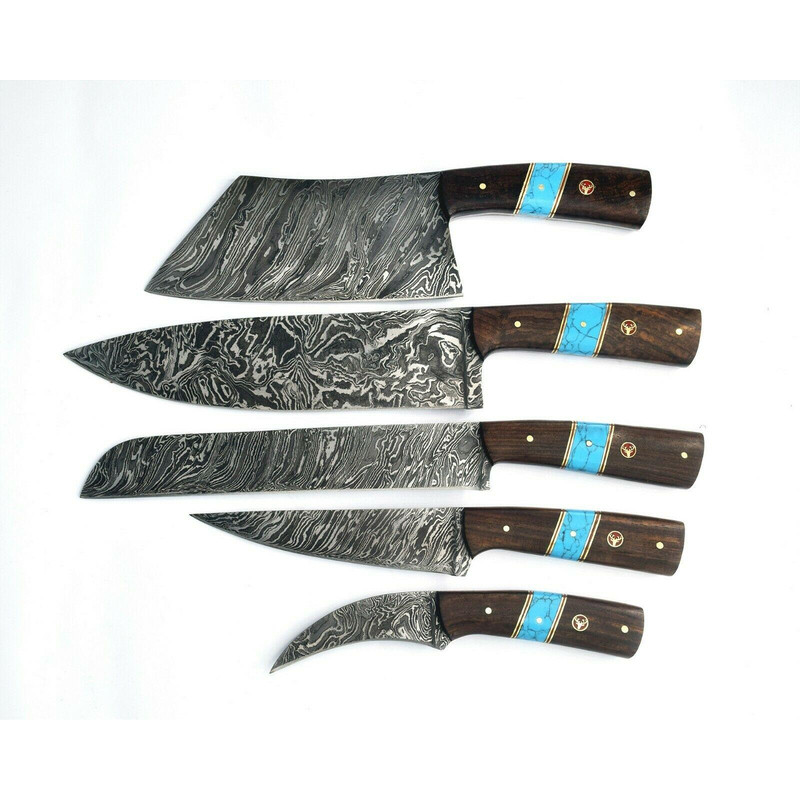 Custom Handmade Damascus Steel Chef Knife Set 5Piece Turquoise Wood Handle 3
