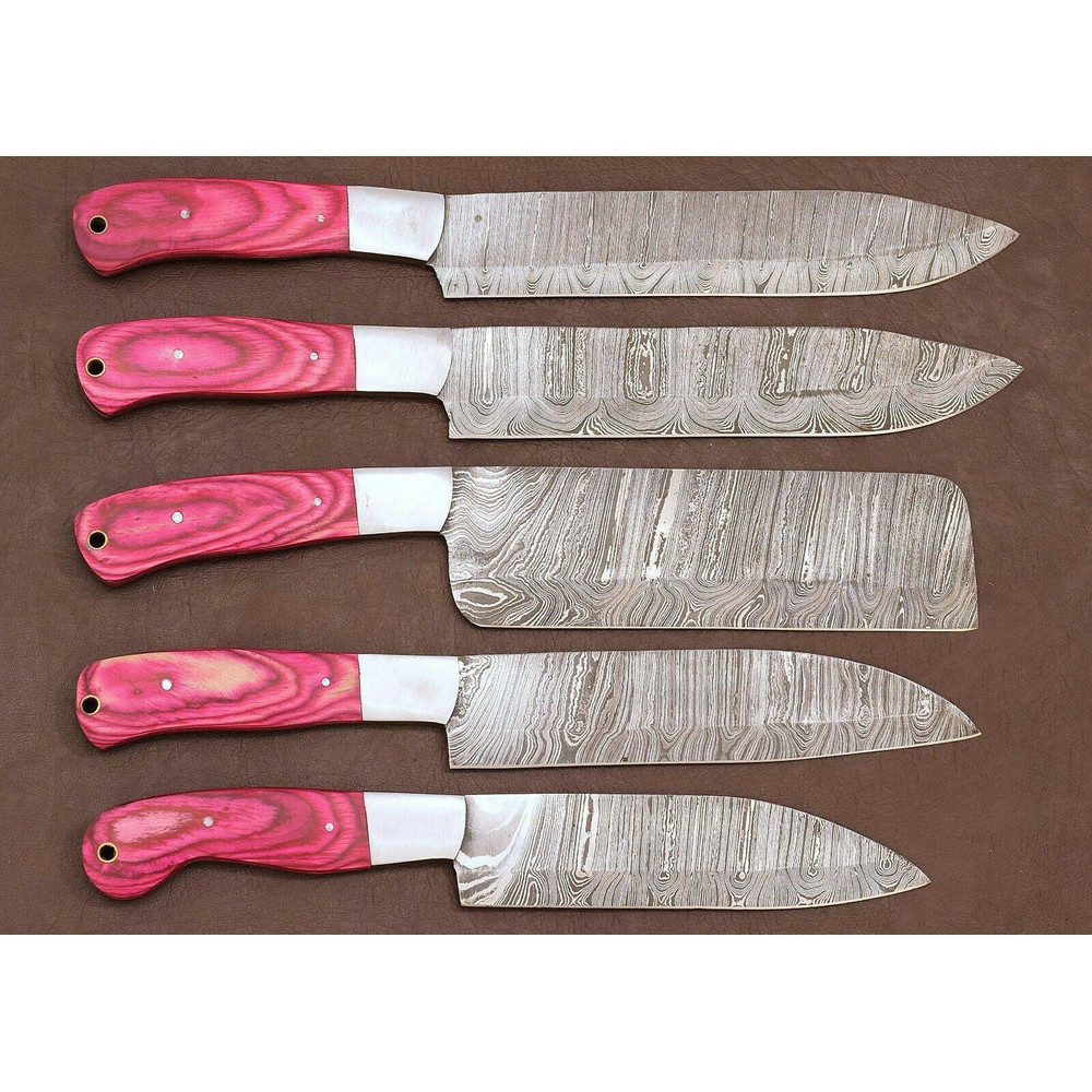 5Piece Handmade Damascus Steel Chef Knife Set With Pakka Wood Handle 0