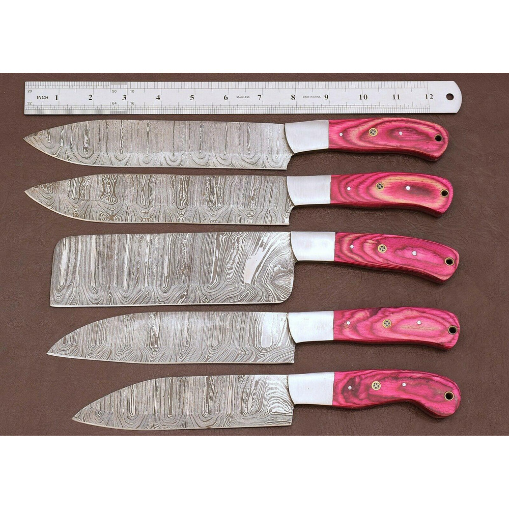 5Piece Handmade Damascus Steel Chef Knife Set With Pakka Wood Handle 1