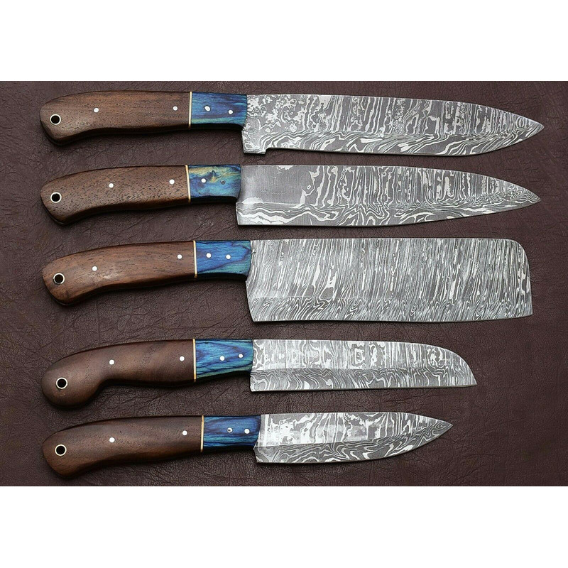 HandForged Damascus Chef Knife Set Of 5 Pakka Wood Handles 0