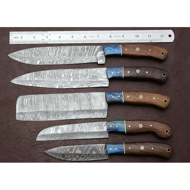 HandForged Damascus Chef Knife Set Of 5 Pakka Wood Handles 1