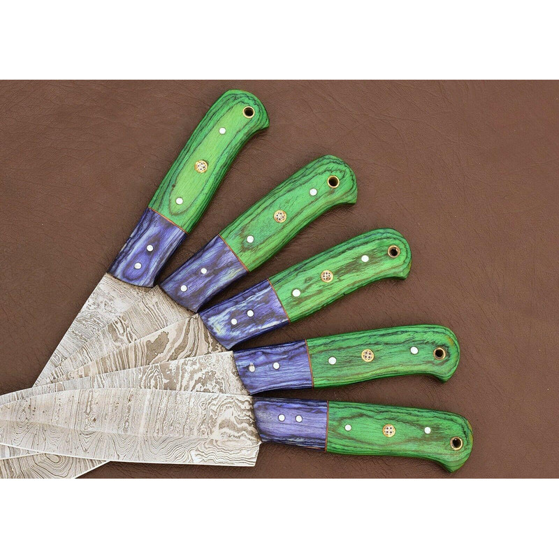 Damascus Steel 5Piece Kitchen Knife Set Handmade Pakka Wood 3