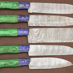 damascus steel 5-piece kitchen knife set | handmade pakka wood