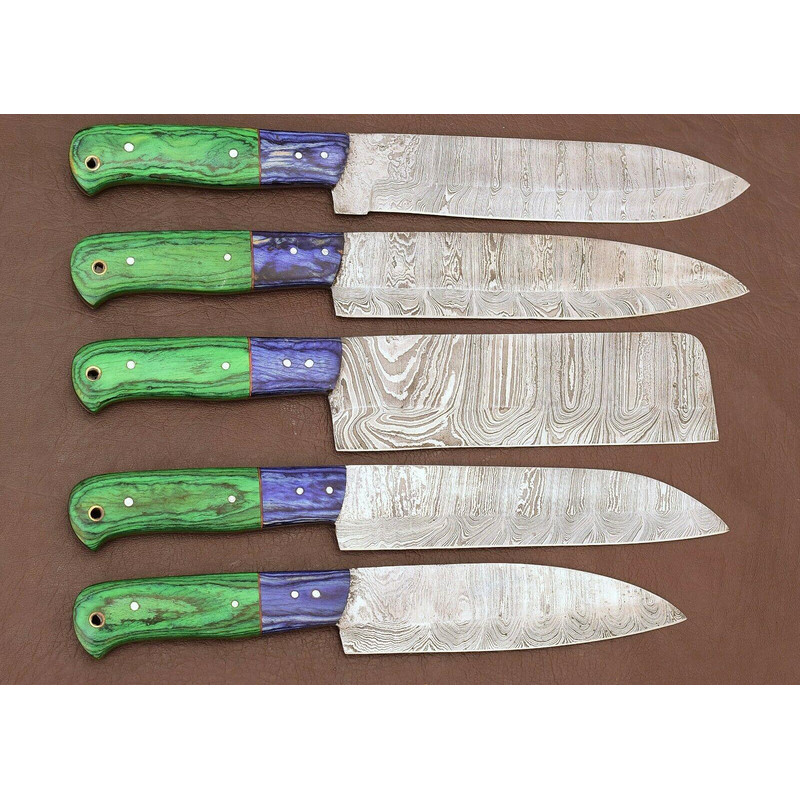 Damascus Steel 5Piece Kitchen Knife Set Handmade Pakka Wood 0