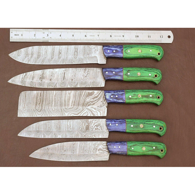 Damascus Steel 5Piece Kitchen Knife Set Handmade Pakka Wood 1