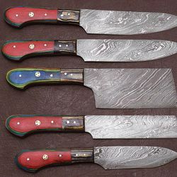 handmade damascus steel kitchen chef knife set with pakka wood premium handle & leather sheath