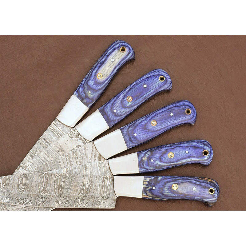 Custom Damascus Steel Kitchen Knife Set Of 5 With Pakka Wood Handle 3