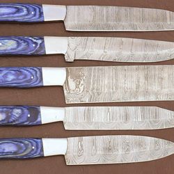 custom damascus steel kitchen knife set of 5 with pakka wood handle