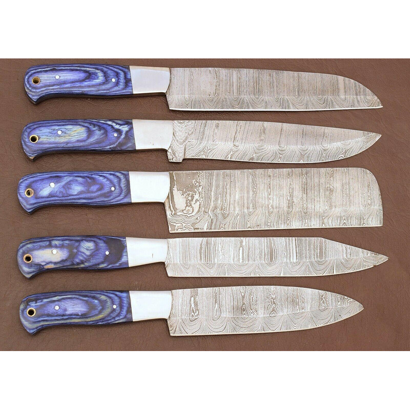 Custom Damascus Steel Kitchen Knife Set Of 5 With Pakka Wood Handle 0