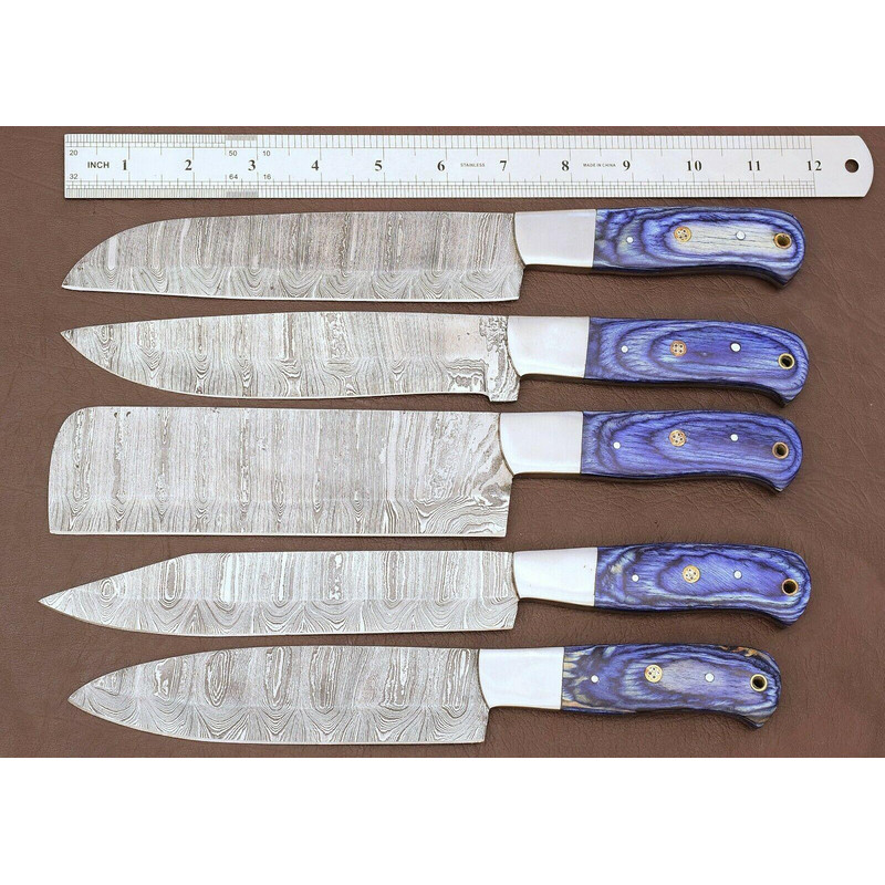 Custom Damascus Steel Kitchen Knife Set Of 5 With Pakka Wood Handle 1
