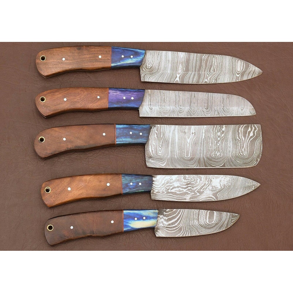 Handmade Damascus Kitchen 5 Chef Knives Set With Rose Wood Handle 0