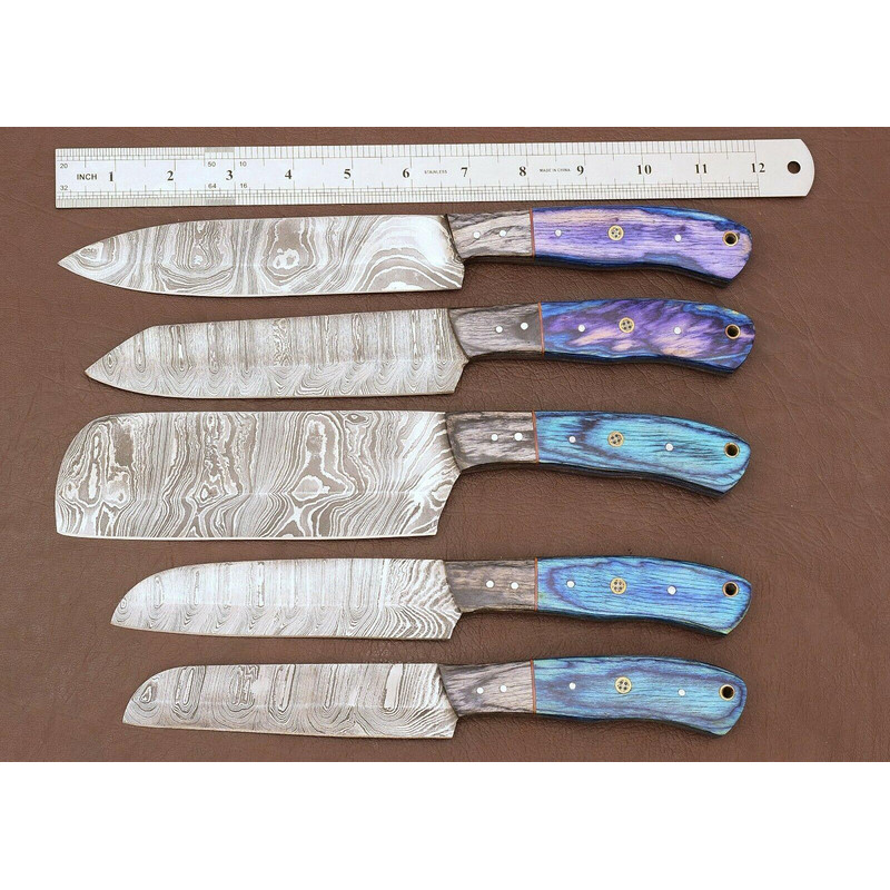 Luxury Handmade Damascus 5 Chef Knife Kitchen Set With Pakka Wood Handle 2