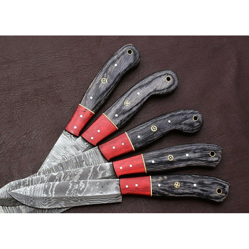 Custom Forged Damascus 5 Pc Chef Knife Set With Elegant Pakka Wood Handle 3