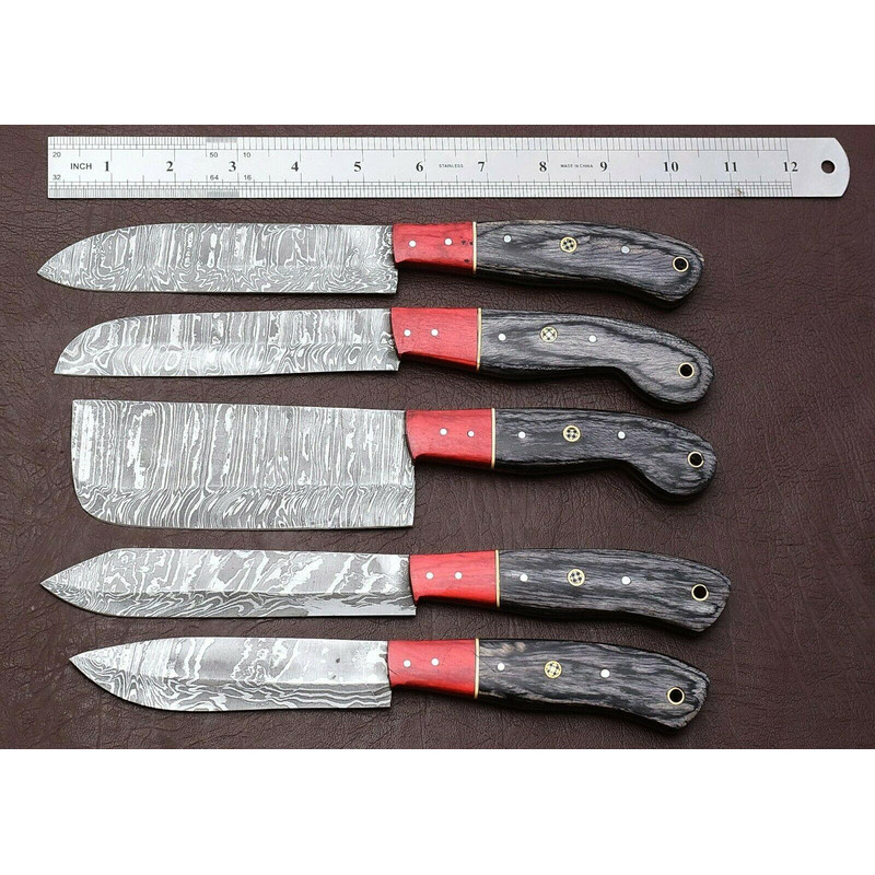 Custom Forged Damascus 5 Pc Chef Knife Set With Elegant Pakka Wood Handle 0