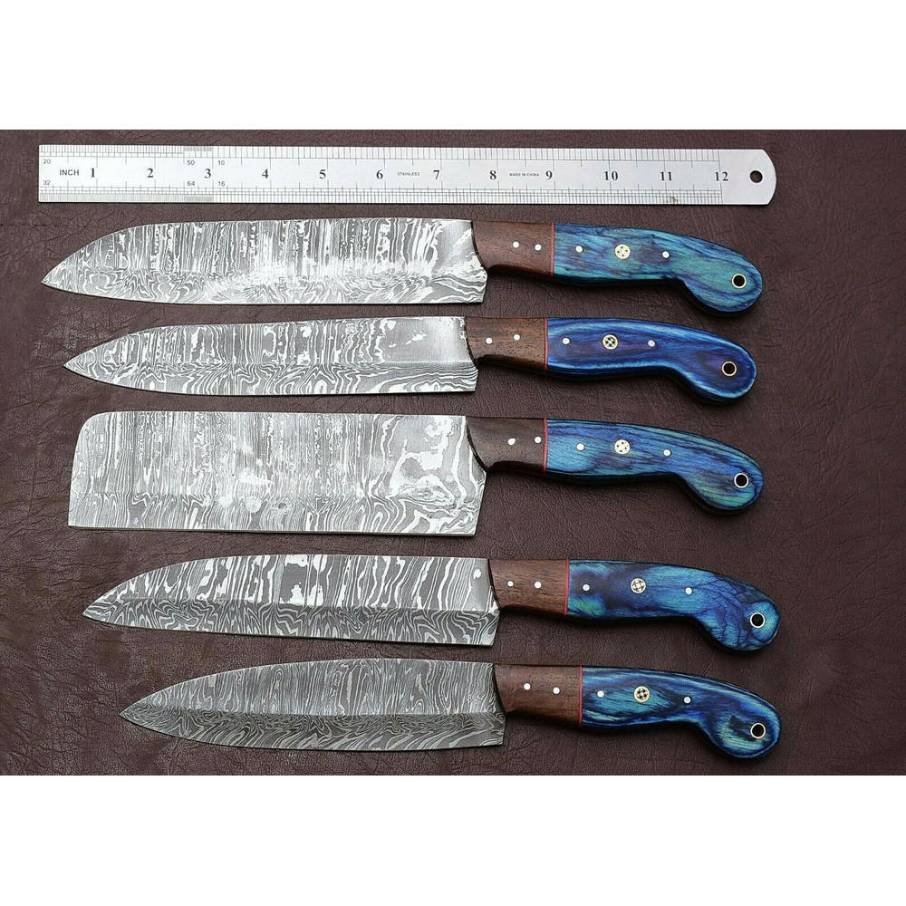 Professional Handmade Damascus Kitchen Knife Set 5 Pcs With Pakka Wood 2