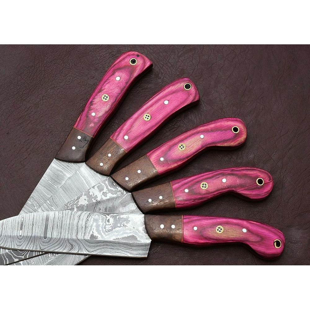 Unique Damascus Steel 5 Piece Kitchen Knife Set With Pakka Wood 3
