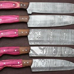 unique damascus steel 5 piece kitchen knife set with pakka wood