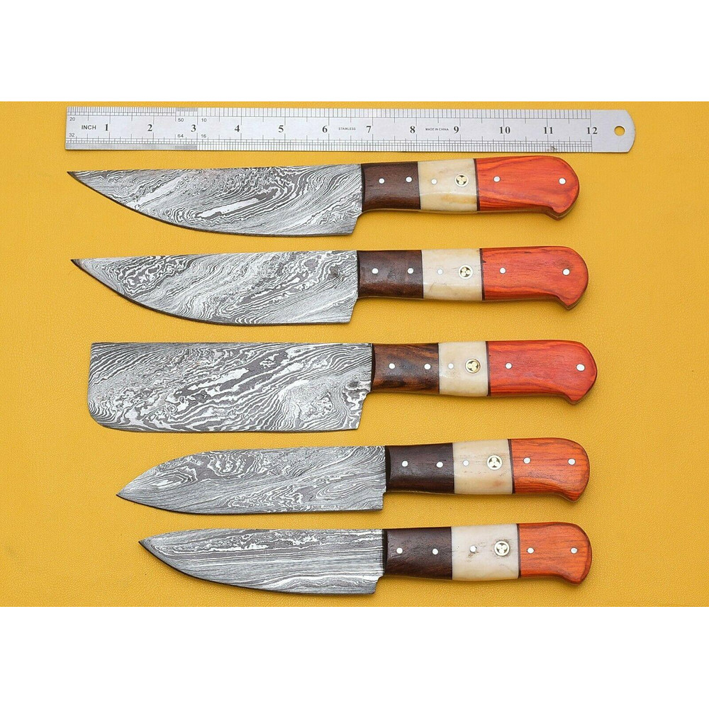 Luxury Handmade Damascus Steel Chef Knife Set 5 Pcs Pakka Handle 0