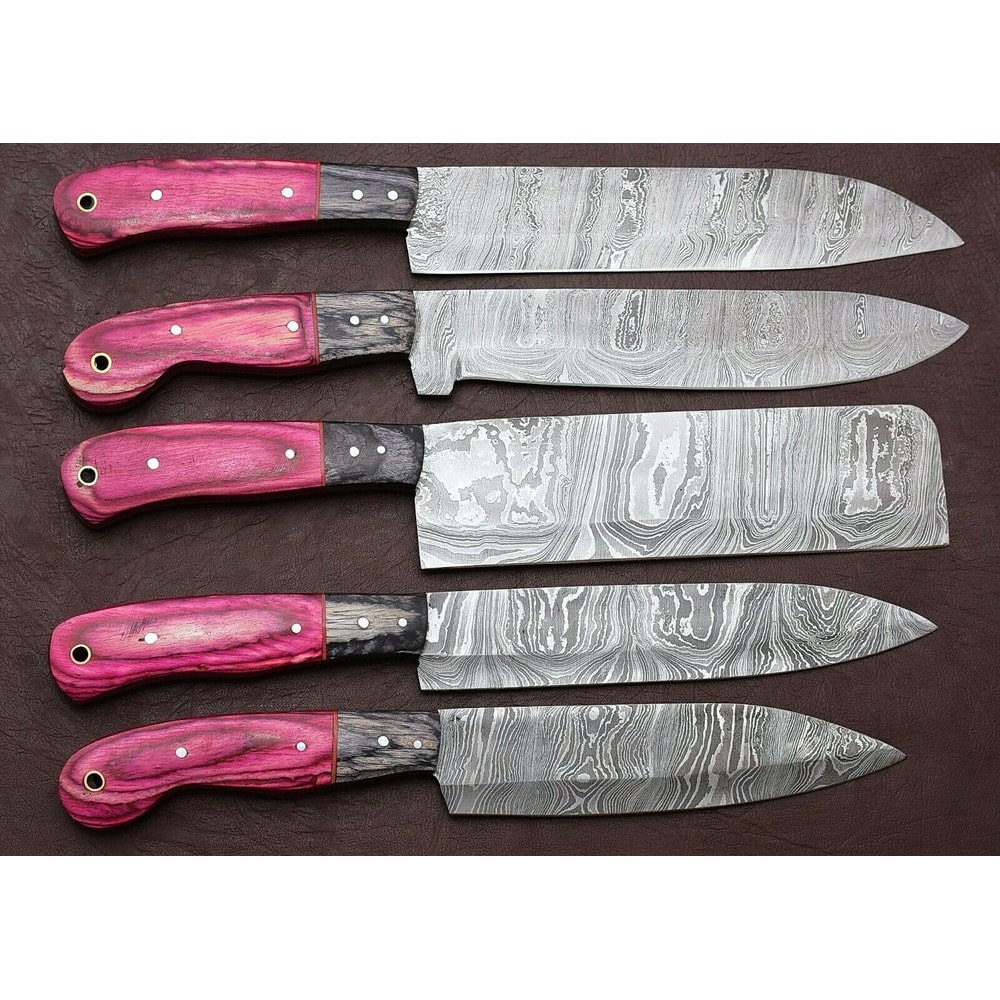 Hand Forged Damascus Kitchen Knives 5 Pc Set With Pakka Wood Handle 0