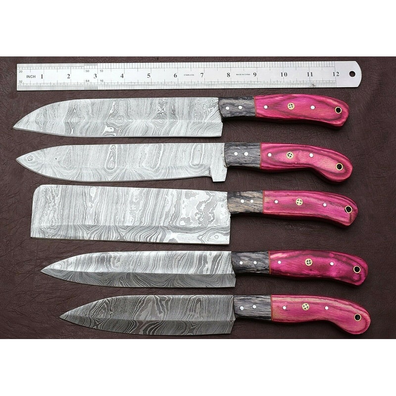 Hand Forged Damascus Kitchen Knives 5 Pc Set With Pakka Wood Handle 2