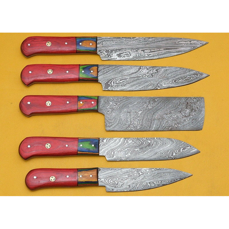 Premium Handmade Damascus Steel Chef Knife Set Of 5 Pakka Wood 0