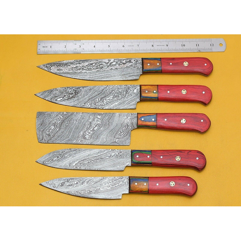 Premium Handmade Damascus Steel Chef Knife Set Of 5 Pakka Wood 1