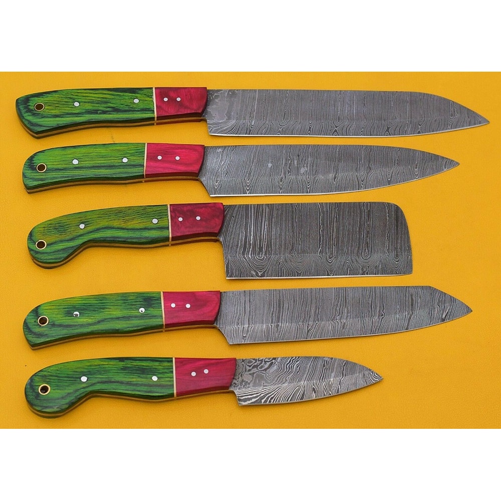 Artisan Handmade Damascus 5 Chef Knives Set With Pakka Wood Handle 1