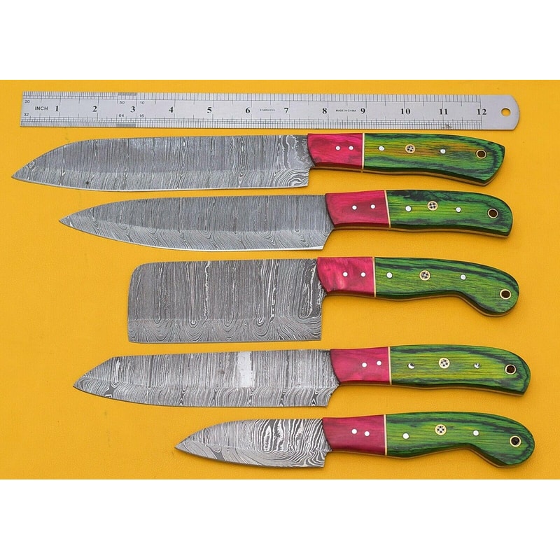 Artisan Handmade Damascus 5 Chef Knives Set With Pakka Wood Handle 0